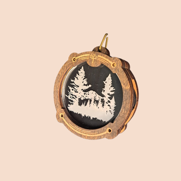 Mountain Treeline Amulight — Mountain Scene Laser-Etched Wooden LED Pendant