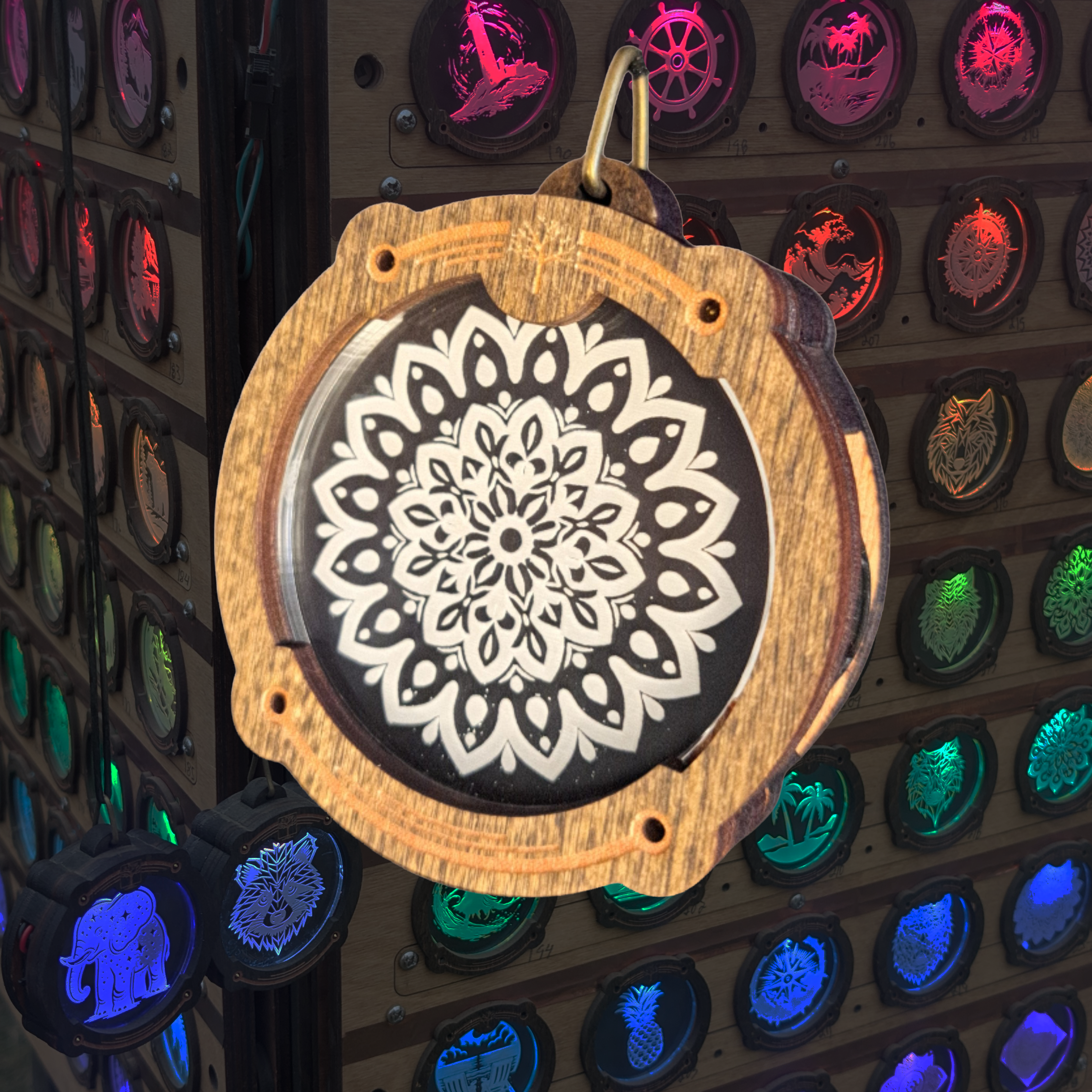 Mandala Majesty Amulight — Laser-Etched Wooden LED Pendant with Sacred Geometry